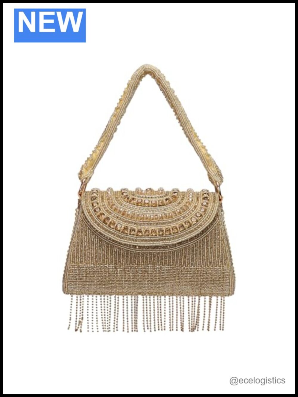 Handcrafted Beaded Box Clutch Gold Pearl Crystal Fringe Tassel Evening Bag